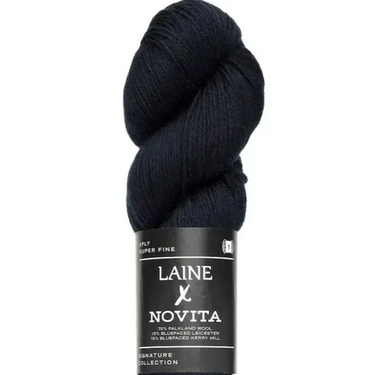 Dark blue skein of yarn with 'Laine Novita' label on a white background