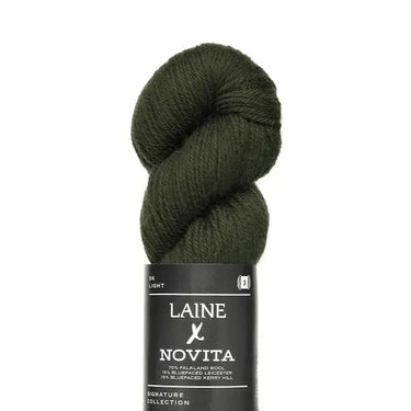 Laine x Novita DK yarn in dark green, featuring Falkland wool, Bluefaced Leicester, and Bluefaced Kerry Hill fibers, from West Yorkshire.