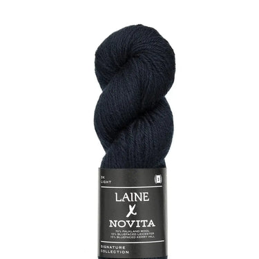 Laine x Novita DK yarn skein made from Falkland wool and Bluefaced fibres, perfect for knitting projects.
