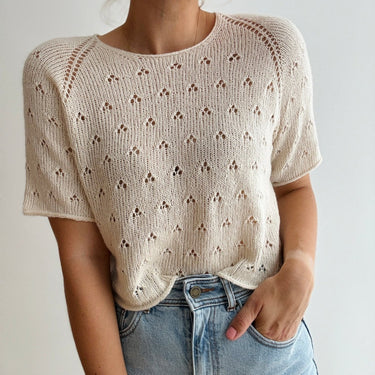 Lillie Tee knitted in Pascuali Suave, front view of the cream lace tee