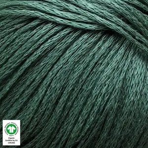 Løvetand by CaMaRose organic linen yarn in dark green, chainette texture suitable for summer knitwear like tops and dresses.
