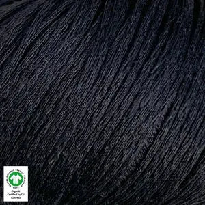 Close-up of black Løvetand by CaMaRose yarn, made from 100% organic linen fibers, showing its unique chainette texture.