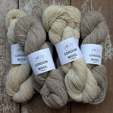 Bundles of London Wool yarn showcasing a blend of rare sheep breeds from London city farms.