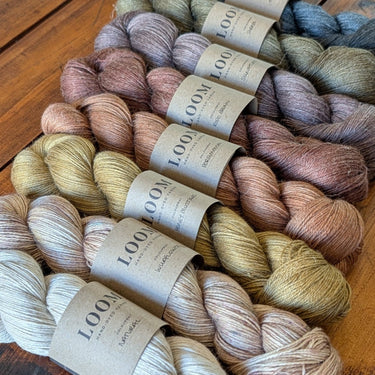 Loom Alpaca, Linen & Silk, 4ply yarn on a table at Knit With Me yarn shop