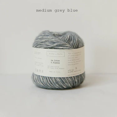 Le Coton & Alpaca yarn in medium grey blue color, soft blend of GOTS cotton and Super Fine Alpaca, perfect for knitting projects.