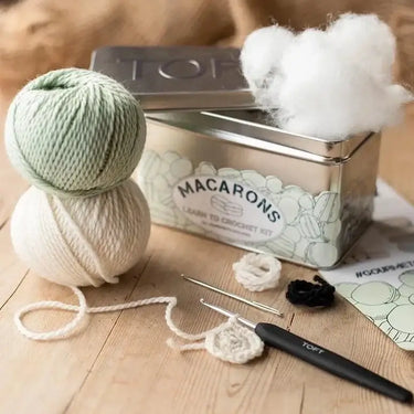 TOFT Macarons Crochet Kit | Gourmet Amigurumi in a Tin, , Crochet two macarons or one cute dessert character with TOFT’s gourmet kit. Includes DK yarn, tools & a keepsake tin—perfect gift idea!, Knit With Me