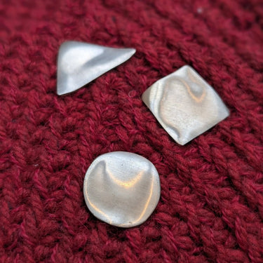 Jul Designs | Modern Stud Set | Reusable Knit Closures, Material: White Brass, Add no-sew, removable closures to knitwear with Jul’s modern stud buttons. Circle, square & triangle in brass—perfect UK knitting accessories, Knit With Me