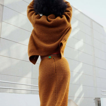Model wearing crocheted clothing from Hooks Out by Molla Mills