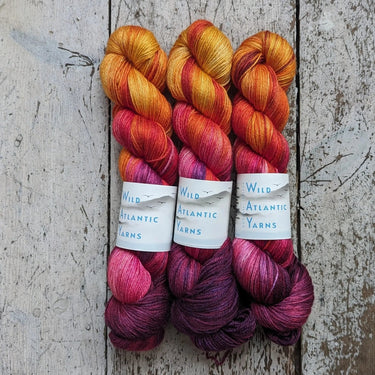 Wild Atlantic | Niamh | Merino & Silk Yarn, Colour: Dawn Blaze, A luxurious blend of silk and merino combined to produce this beautifully soft base. Niamh means lustre, radiance and brightness which is this sumptuous yarn. With wonderful stitch definition