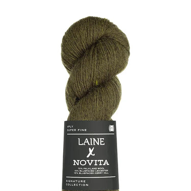 Ball of green yarn with a Laine Novita label on a white background