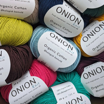 Onion Organic Cotton collection of all yarns in multiple colours at Knit With Me yarn shop