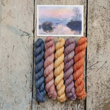 Hand-Dyed Monet Mini Skeins – Perfect for Knitting Gifts, Color: Sunset on the Sein, Celebrate art with Monet-inspired mini skeins! Ainsworth & Prin’s hand-dyed merino yarn is perfect for knitting socks, mittens, and accessories., Knit With Me