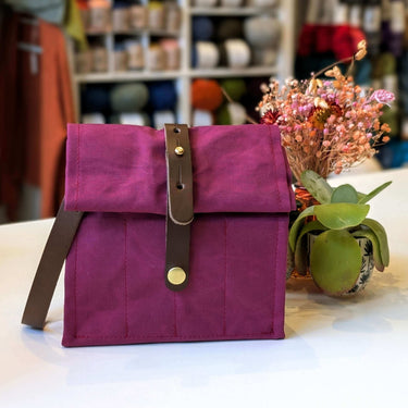 Hide & Hammer | #08 Project Bag | Stylish Storage on the Go, Color: Mulberry + Dark Tan Straps, Roll-top canvas & leather knitting bag with pockets & handle. Knit on the go with adjustable storage, removable straps, and handcrafted UK quality., Knit With