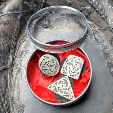 Jul Designs | Ornate Stud Set | No-Sew Knitting Closures, , Jul’s ornate stud buttons offer instant, no-sew finishing. Circle, square & triangle designs—ideal UK accessories for flexible knitwear styling., Knit With Me