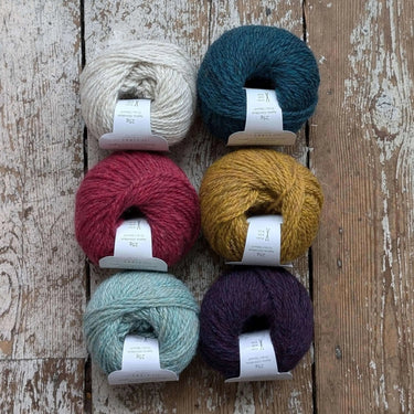 Colorful yarn selection for Pochie Hot Water Bottle - Knitting Kit by Kate Davies.