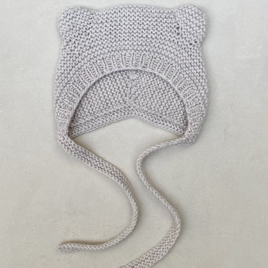 Rail Bear Bonnet Kit baby bonnet with bear ears in KFO Merino at Knit With Me yarn shop