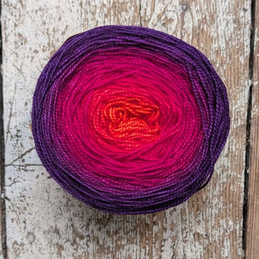 Beautiful gradient hand-dyed Snek yarn in vibrant colors on rustic wood background, perfect for knitting projects.