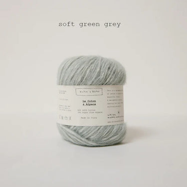 Soft green grey Le Coton & Alpaca yarn ball; 66% GOTS cotton, 34% super fine alpaca; perfect for knitting projects.