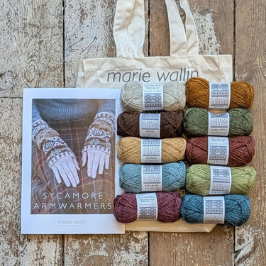 Sycamore Armwarmers Kit by Marie Wallin with British Breeds yarn selection and pattern book.