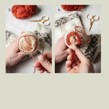 Hands demonstrating mending techniques from The Art of Knitwear Repair with yarn and fabric.