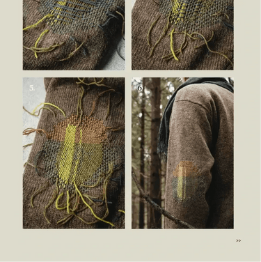 Detailed knitwear repair examples from 'The Art of Knitwear Repair' book, showing patched jumpers and mended fabric techniques.
