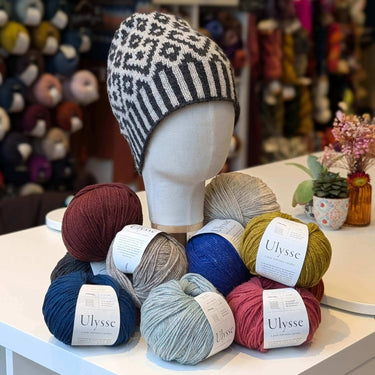 Wolfie Hat Kit | Colourwork Knitting Kit, Colour: Classic Kit 1 - Fusian/Poivre Blanc, Knitted hat kit, includes Ulysse Merino yarn and knitting pattern. A great knitting kit if you want to make your own wooly hat, a knitting hat kit at its best. , Knit W
