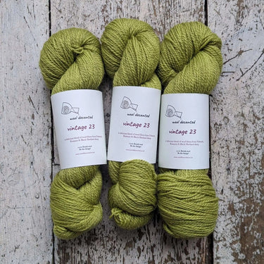 Wool Decanted Vintage 23 in green, 4ply yarn, soft British blend for knitting, Knit With Me collection.