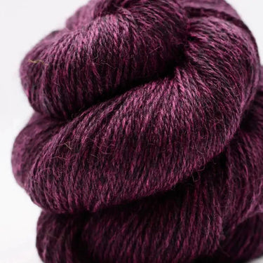 Close-up of a skein of purple yarn on a white background