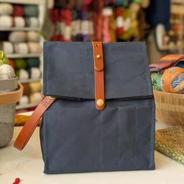 Hide & Hammer | Large 03 Project Bag | Premium Knitting Bag , Color: Navy + Brown Straps, This canvas and leather knitting bag perfectly combines form and function. Its internal pockets are great for a sweater but not so bulky that you lose a shawl., Knit