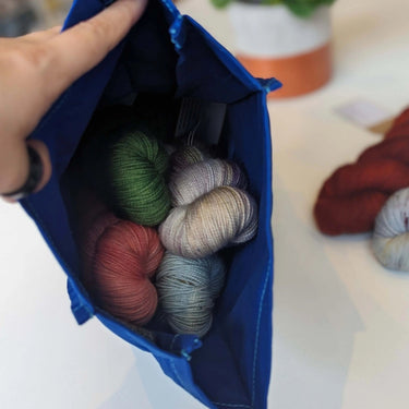 Hide & Hammer | #08 Project Bag | Stylish Storage on the Go, Color: Electric Blue + Electric Blue Straps, Roll-top canvas & leather knitting bag with pockets & handle. Knit on the go with adjustable storage, removable straps, and handcrafted UK quality.,
