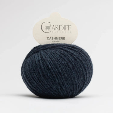 Cardiff Cashmere Classic yarn ball in dark navy for knitting projects, 100% pure cashmere, luxury feel