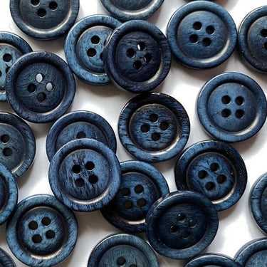15mm Denim blue bone gloss buttons (L3), stained glossy finish, size 15mm, product code 4629, shown in a variety of arrangements.