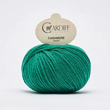 Cardiff Cashmere Classic yarn ball in green, 100% pure cashmere for luxury knitting projects.