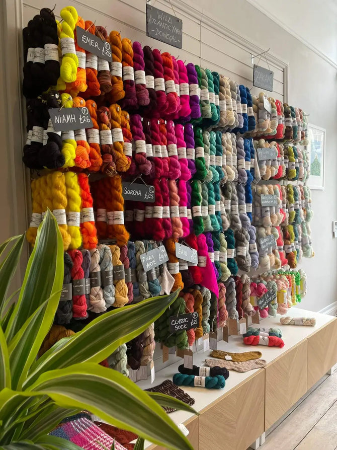 Wall displaying a variety of colorful yarn skeins with labels in a well-lit shop Knit With Me