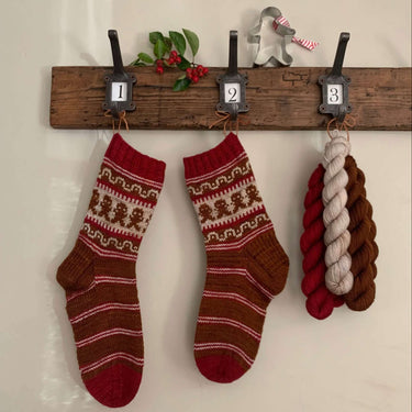 Festive Gift for Knitters: Gingerbread Man Sock Kit with yarn and socks on display
