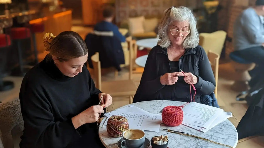 Two women are sitting at a table in a cafe, both are knitting. 