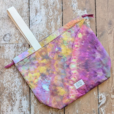 Ice Dyed Project Bags - XLarge with colorful patterns on wood background, showcasing unique design and storage features.