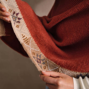 Close-up of a knitted sweater featuring Beaded Colourwork design with intricate patterns and colorful beads by Jeanette Sloan.