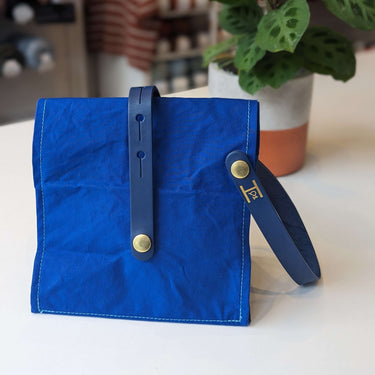 Hide & Hammer | #08 Project Bag | Stylish Storage on the Go, Color: Electric Blue + Electric Blue Straps, Roll-top canvas & leather knitting bag with pockets & handle. Knit on the go with adjustable storage, removable straps, and handcrafted UK quality.,
