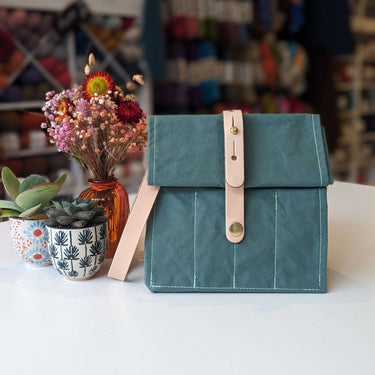 Hide & Hammer | #08 Project Bag | Stylish Storage on the Go, Color: Sage Green & Nude Straps, Roll-top canvas & leather knitting bag with pockets & handle. Knit on the go with adjustable storage, removable straps, and handcrafted UK quality., Knit With Me