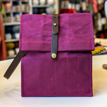 Hide & Hammer | Large 03 Project Bag | Premium Knitting Bag , Color: Mulberry + Dark Tan Straps, This canvas and leather knitting bag perfectly combines form and function. Its internal pockets are great for a sweater but not so bulky that you lose a shawl