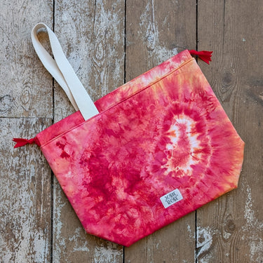 Ice Dyed Project Bags - XLarge in vibrant red and orange tones, perfect for crafting storage with unique tie-dye patterns and interior pockets