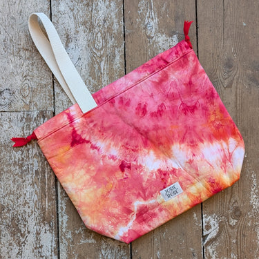 Ice Dyed Project Bags - XLarge, vibrant pink and orange cotton bag, perfect for organizing craft projects, with interior pockets and handle.