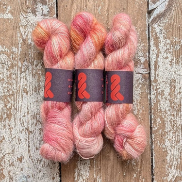 A&P Lace Silk Mohair yarn in shades of pink, hand dyed kid mohair blended with silk for luxurious softness.