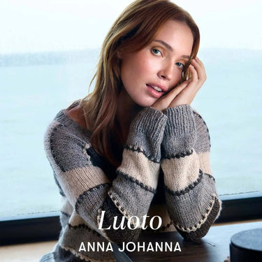Model wearing Luoto sweater by Anna Johanna, highlighting Archipelago Knitting style against a serene coastal backdrop.