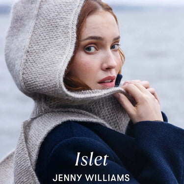 Woman wearing a knitted hood in promotional image for Archipelago Knitting pre-order by Jenny Williams