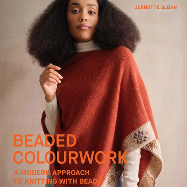 Cover of 'Beaded Colourwork: A Modern Approach to Knitting with Beads' by Jeanette Sloan, featuring a stylish red knitted shawl.