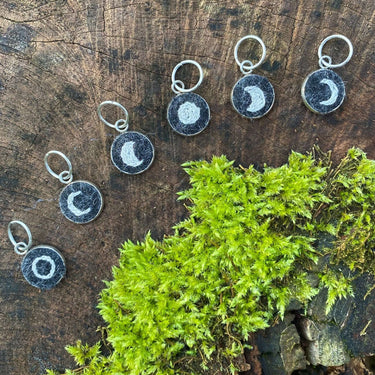 Bobbles & Berries | Stitch Marker Set | Hand-Embroidered Art, Style: Moon Phases Silver, Discover Bobbles & Berries hand-embroidered stitch markers, inspired by Scottish nature. Lightweight, smooth, and perfect for mindful, snag-free knitting., Knit With