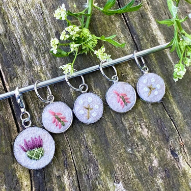 Bobbles & Berries | Stitch Marker Set | Hand-Embroidered Art, Style: Scottish Wildflower, Discover Bobbles & Berries hand-embroidered stitch markers, inspired by Scottish nature. Lightweight, smooth, and perfect for mindful, snag-free knitting., Knit With
