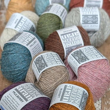 Marie Wallin British Breeds Aran wool yarn in assorted colors, 100% wool, 50g balls from four British sheep breeds.
